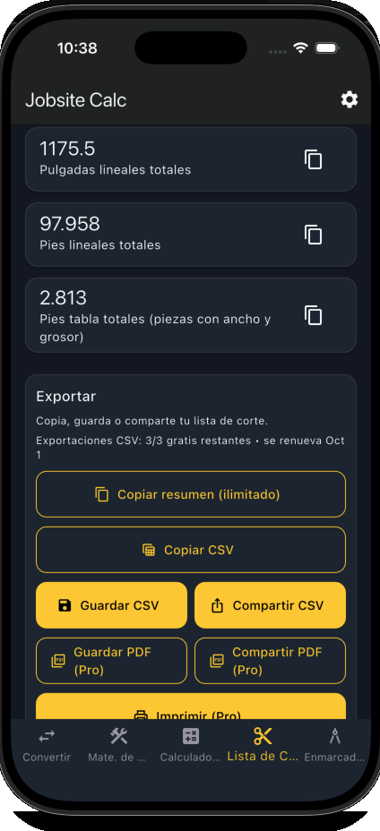 Jobsite Calc — pantalla de Lista de Corte mostrando pulgadas y pies lineales totales, pies tabla totales, y opciones de exportación