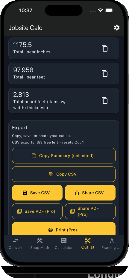 Jobsite Calc — Cutlist screen showing total linear inches, linear feet, board feet, and export options