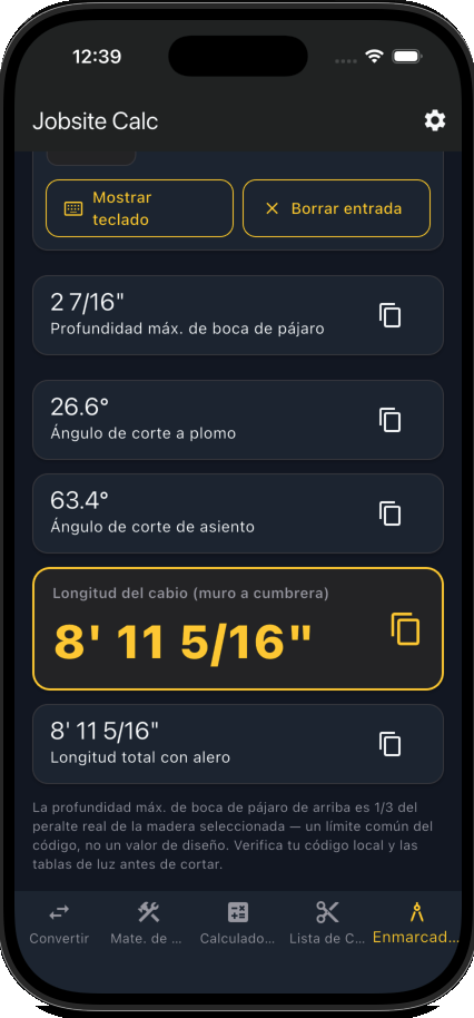 Jobsite Calc — pantalla de la calculadora de longitud de cabios y boca de pájaro