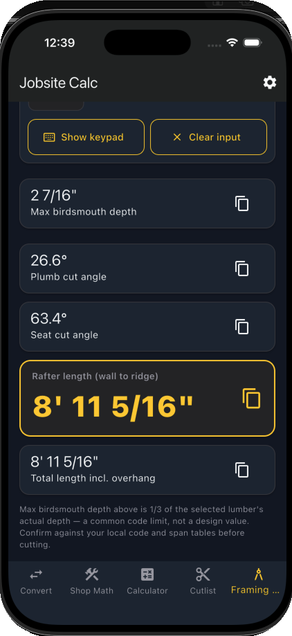 Jobsite Calc — Rafter length and birdsmouth calculator screen